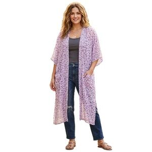 Rachel Zoe Lavender Floral Sheer Longline Kimono Duster with Pockets